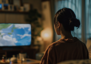 災害情報をテレビで見ている女性のイメージ写真